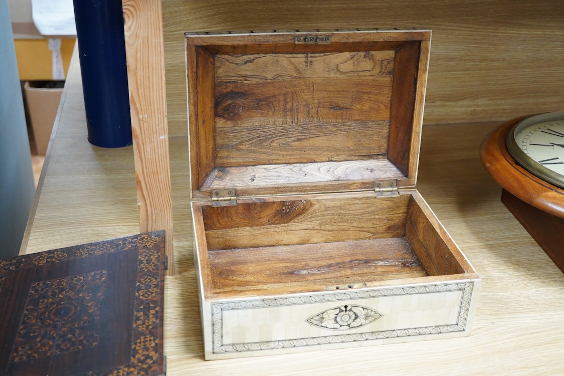 A Tunbridge ware half square mosaic banded writing slope, c.1830, a lacquer and mother of pearl inlaid box and an Indian bone veneered box, largest 34cm wide
